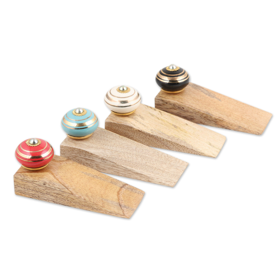 Set of 4 Wood Ceramic Brass Door Stoppers Handmade in India - Colorful Orbs