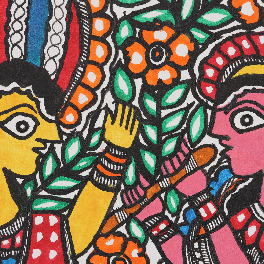 Signed Colorful Madhubani Painting of Radha and Krishna - Divine Love