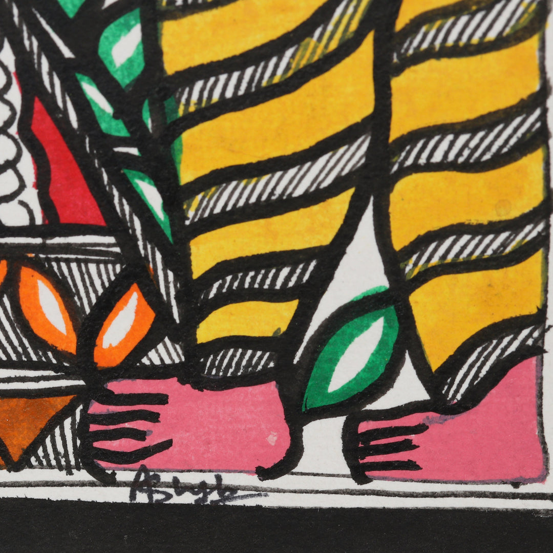 Signed Colorful Madhubani Painting of Radha and Krishna - Divine Love