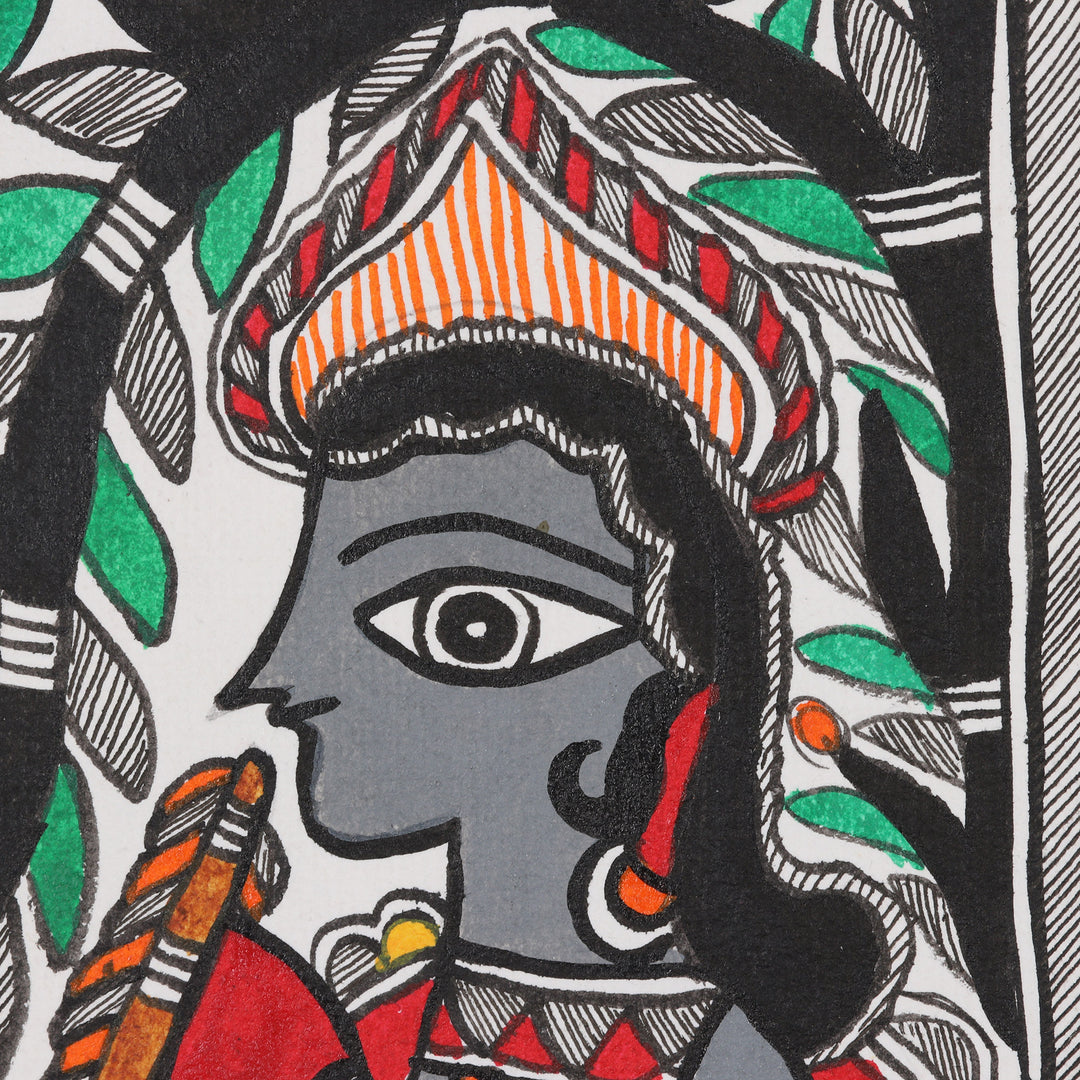 Signed Colorful Madhubani Painting of Krishna - Majestic Krishna