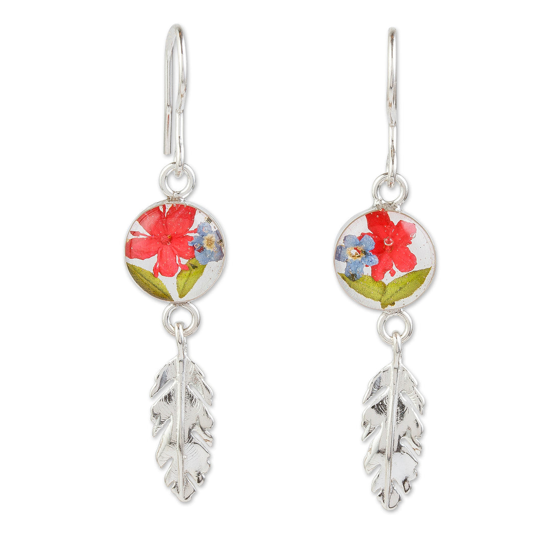 Sterling Silver and Dried Flower Dangle Earrings from Mexico - Anahuac Red