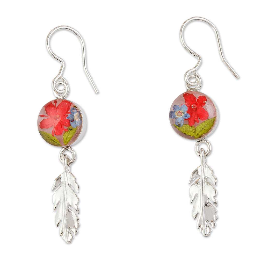 Sterling Silver and Dried Flower Dangle Earrings from Mexico - Anahuac Red
