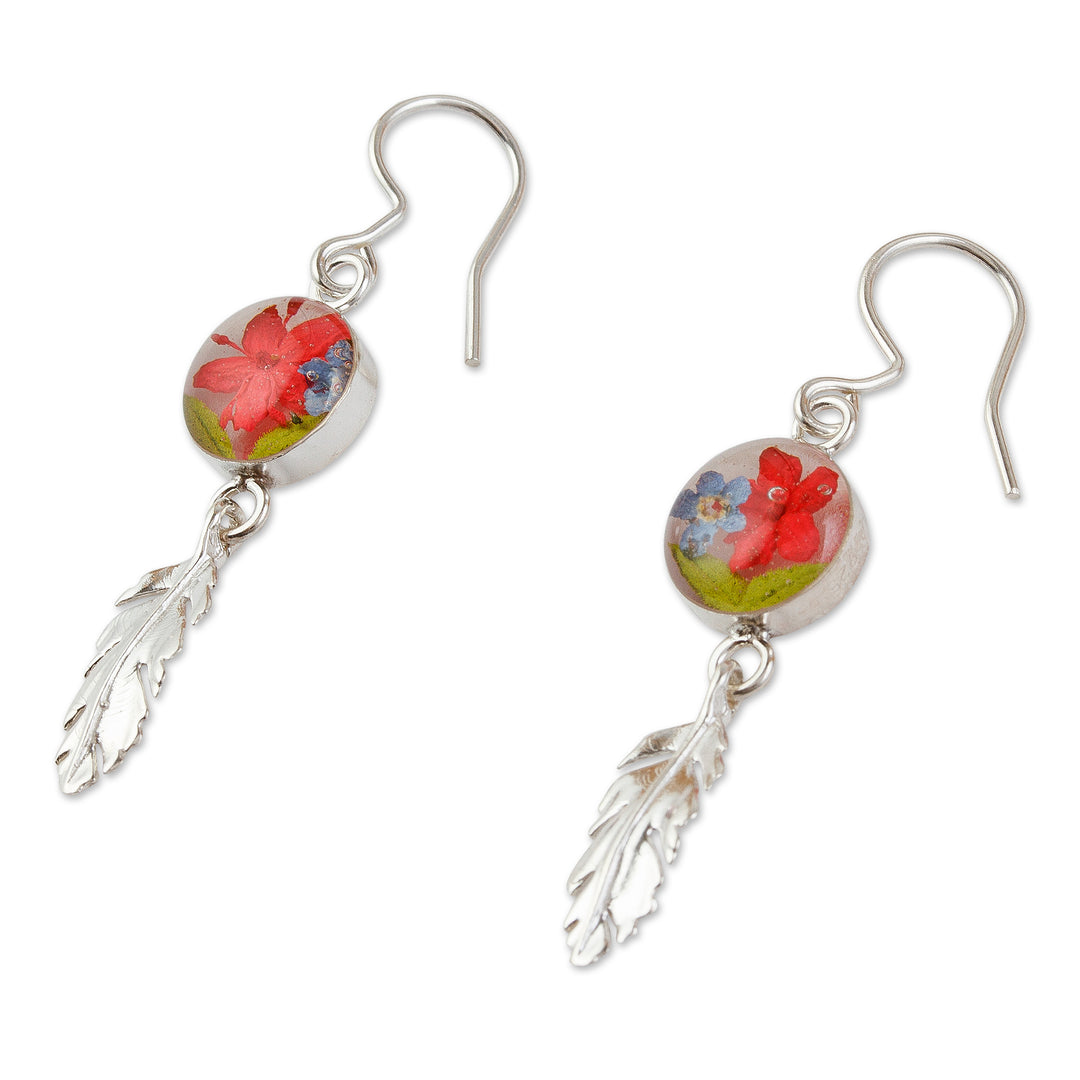 Sterling Silver and Dried Flower Dangle Earrings from Mexico - Anahuac Red