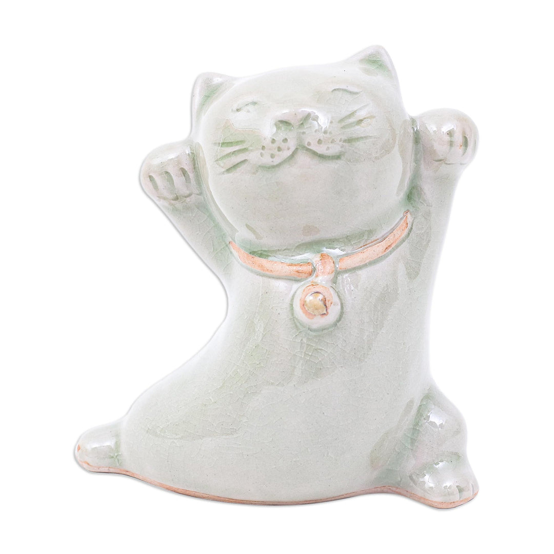 Cat Shaped Celadon Ceramic Figurine Handmade in Thailand - Lucky and Playful