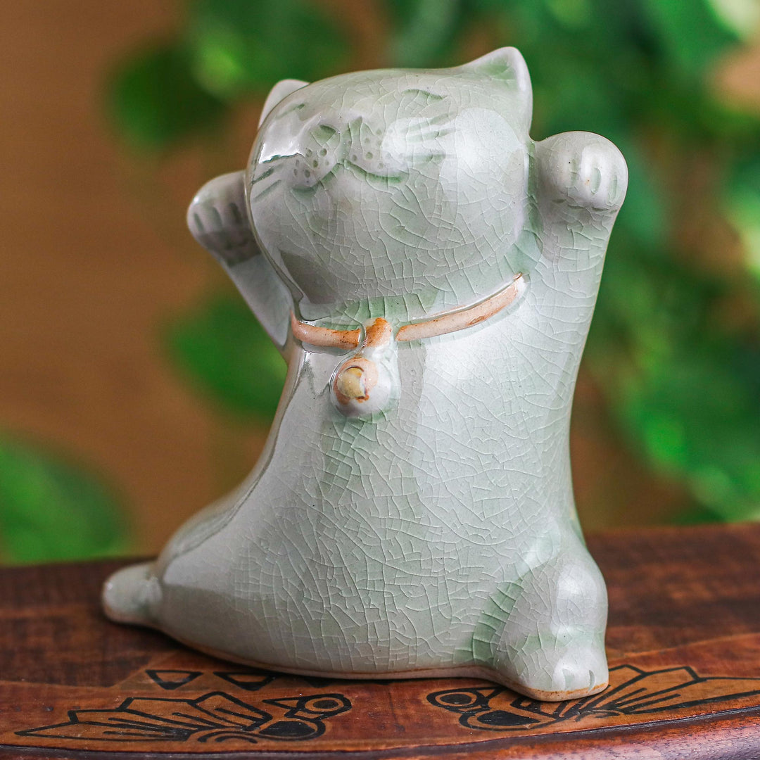 Cat Shaped Celadon Ceramic Figurine Handmade in Thailand - Lucky and Playful