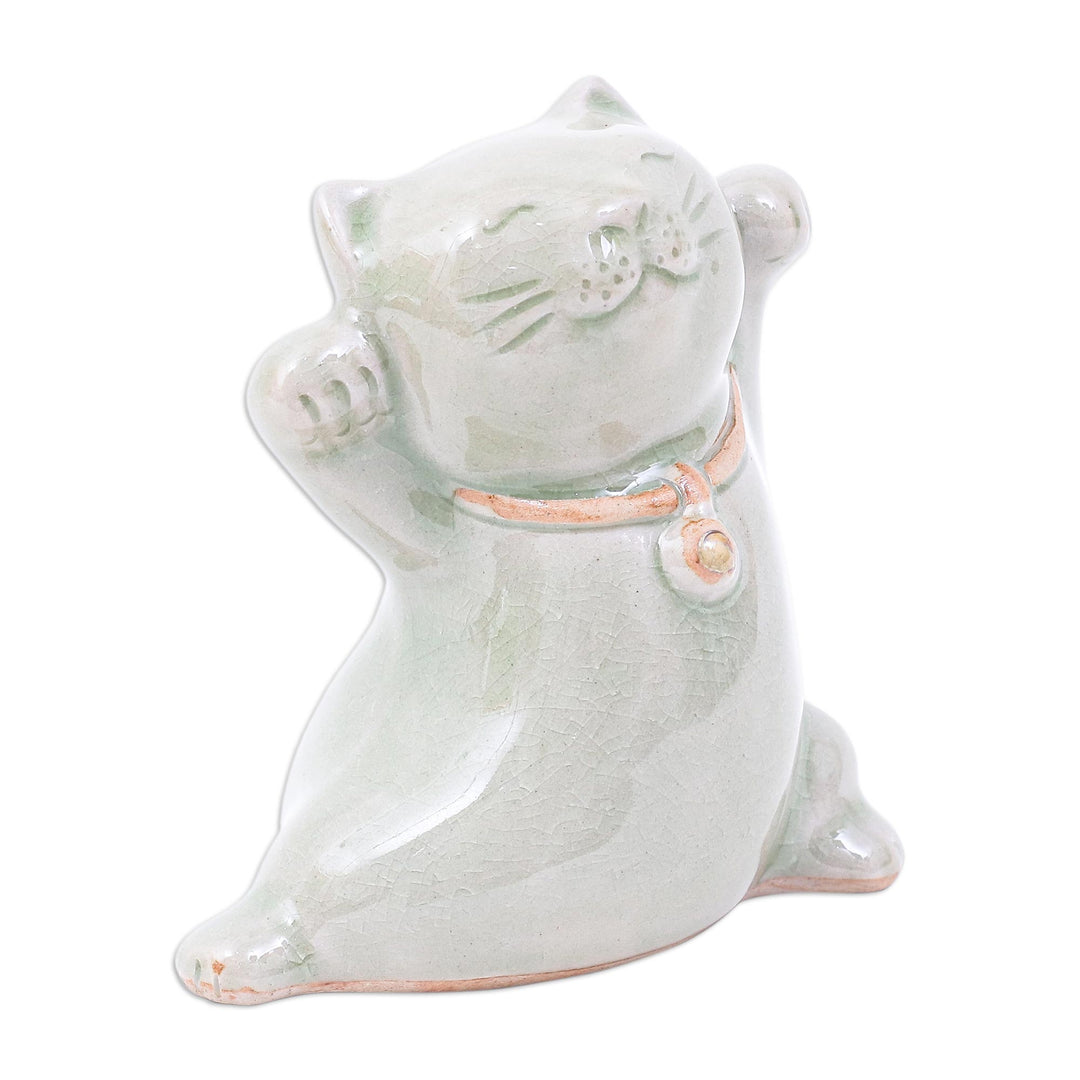 Cat Shaped Celadon Ceramic Figurine Handmade in Thailand - Lucky and Playful