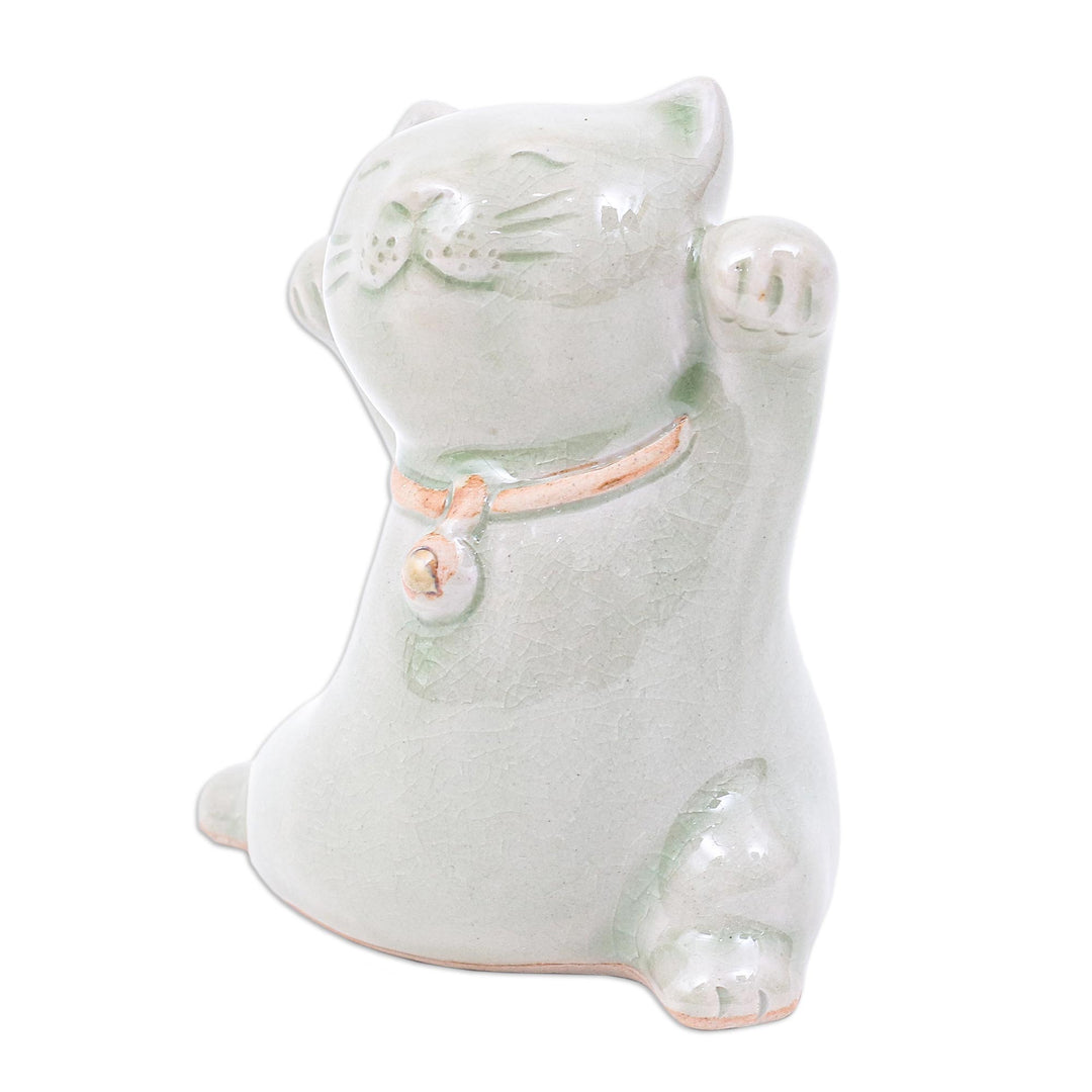 Cat Shaped Celadon Ceramic Figurine Handmade in Thailand - Lucky and Playful