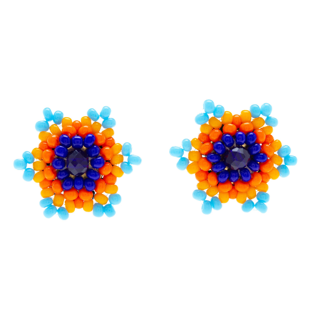 Star-shaped Beaded Button Earrings Handcrafted in Mexico - Lapis Star