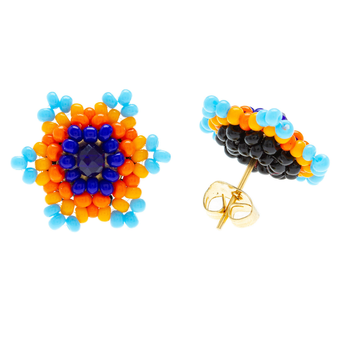 Star-shaped Beaded Button Earrings Handcrafted in Mexico - Lapis Star