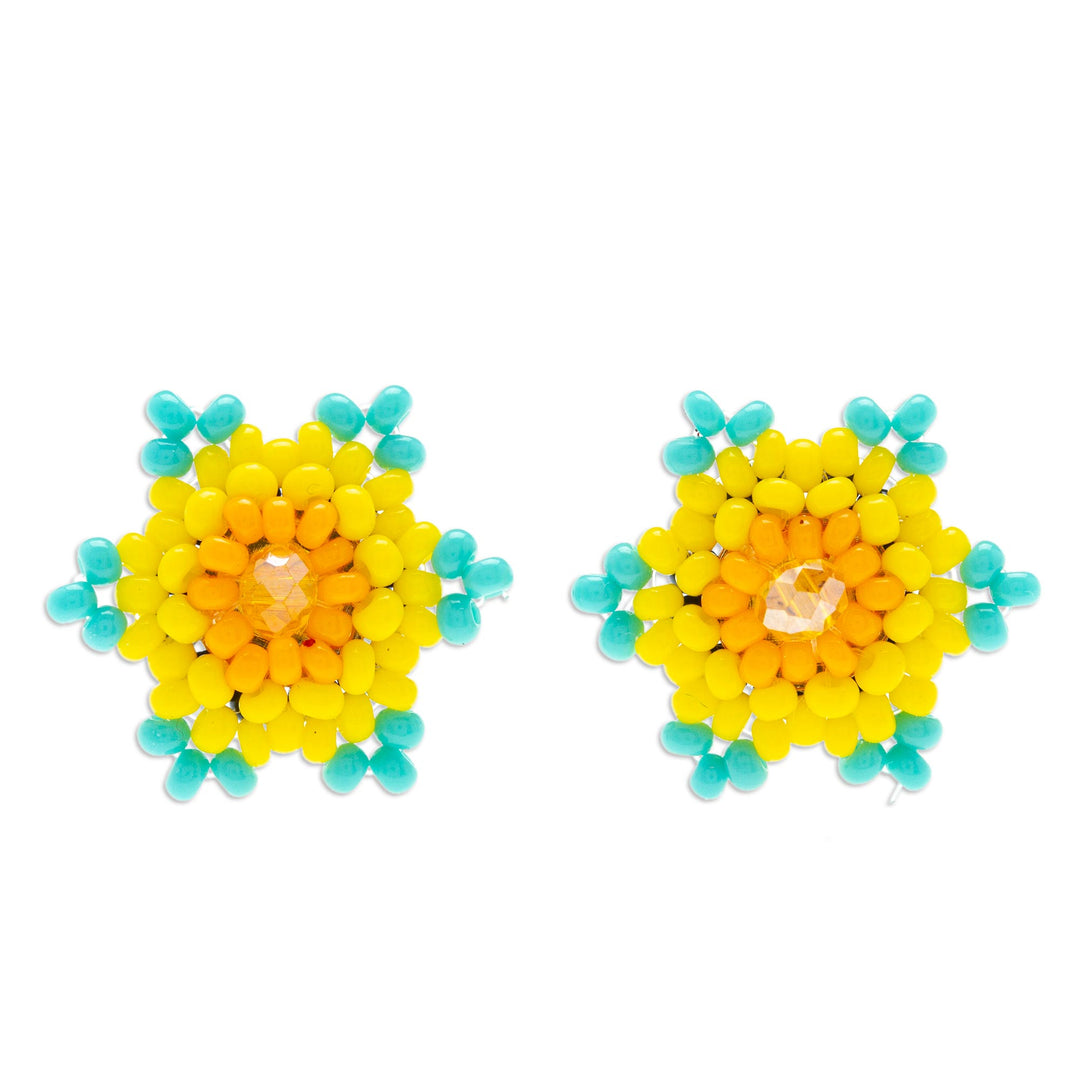 Mexican Handcrafted Star-shaped Beaded Button Earrings - Aqua Yellow Star