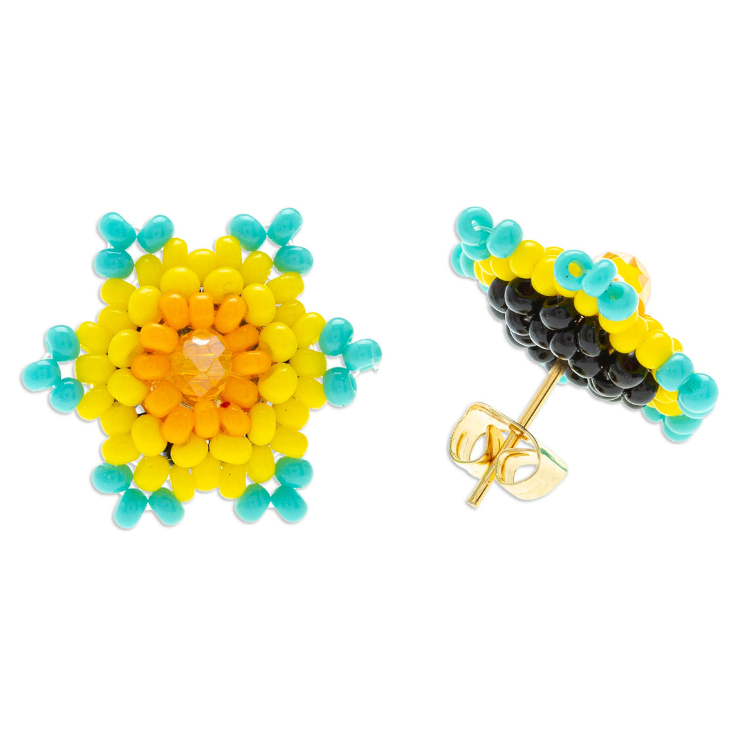 Mexican Handcrafted Star-shaped Beaded Button Earrings - Aqua Yellow Star