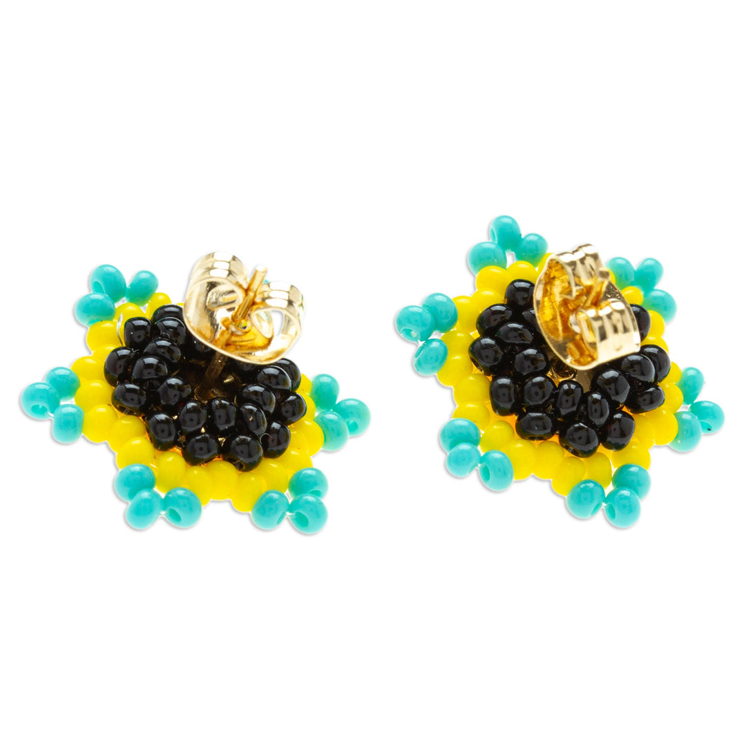 Mexican Handcrafted Star-shaped Beaded Button Earrings - Aqua Yellow Star
