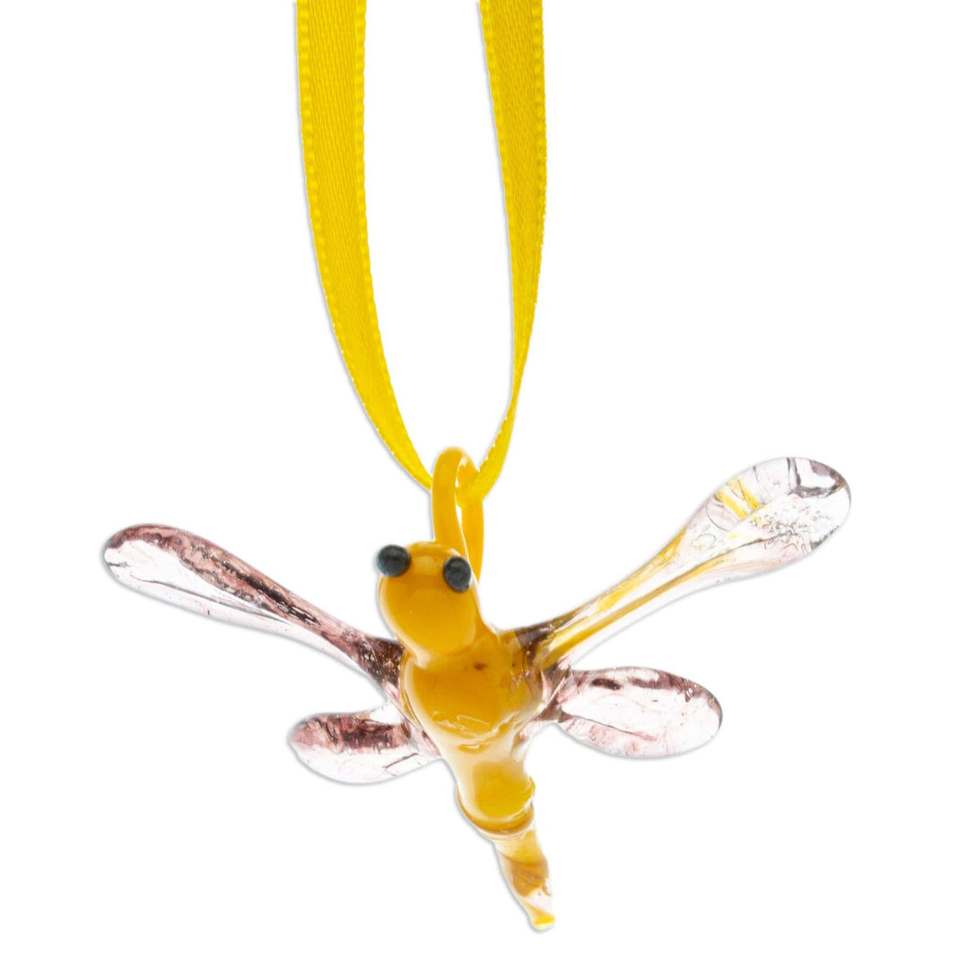 Handblown Recycled Glass Dragonfly Ornament in Goldenrod - Goldenrod Transformation