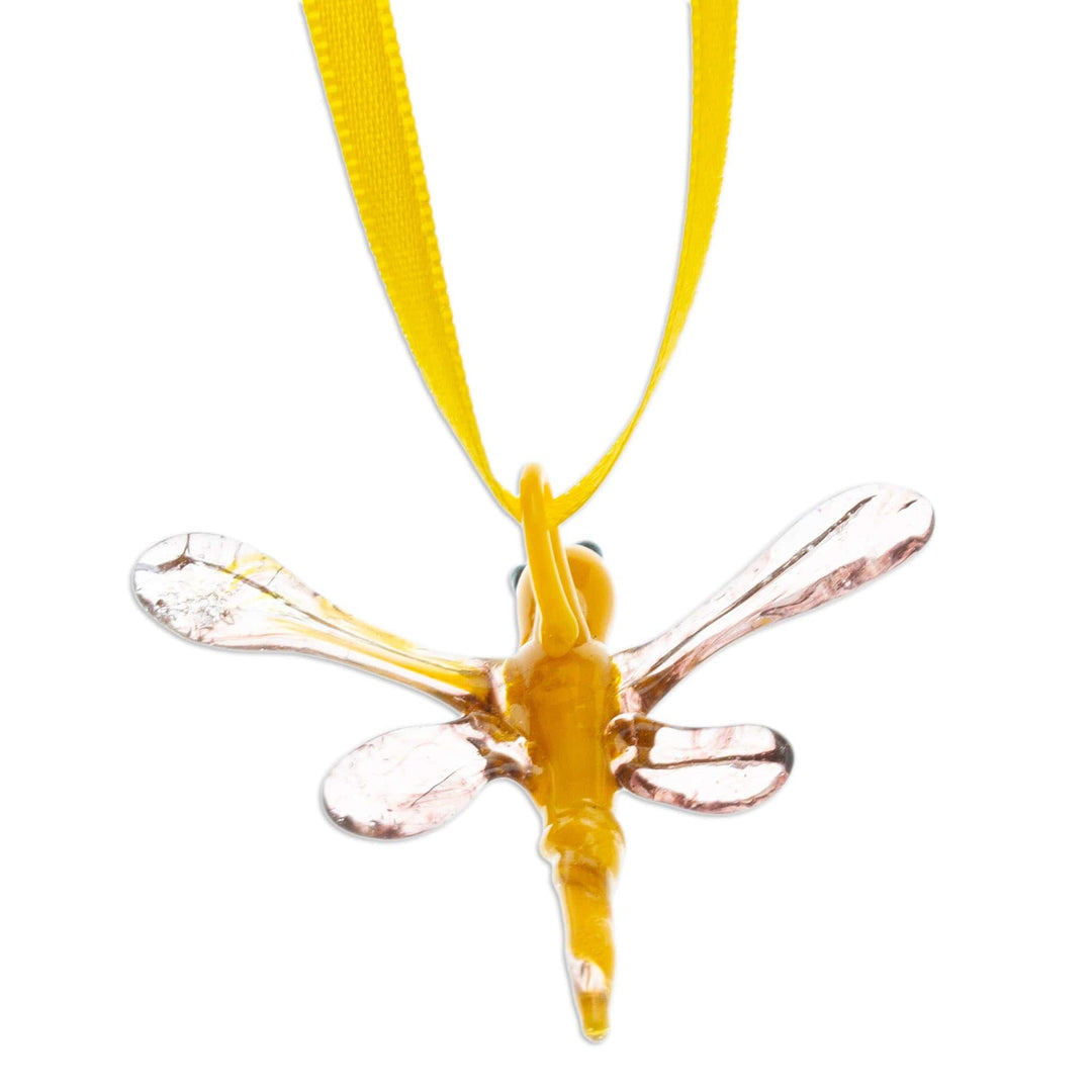 Handblown Recycled Glass Dragonfly Ornament in Goldenrod - Goldenrod Transformation