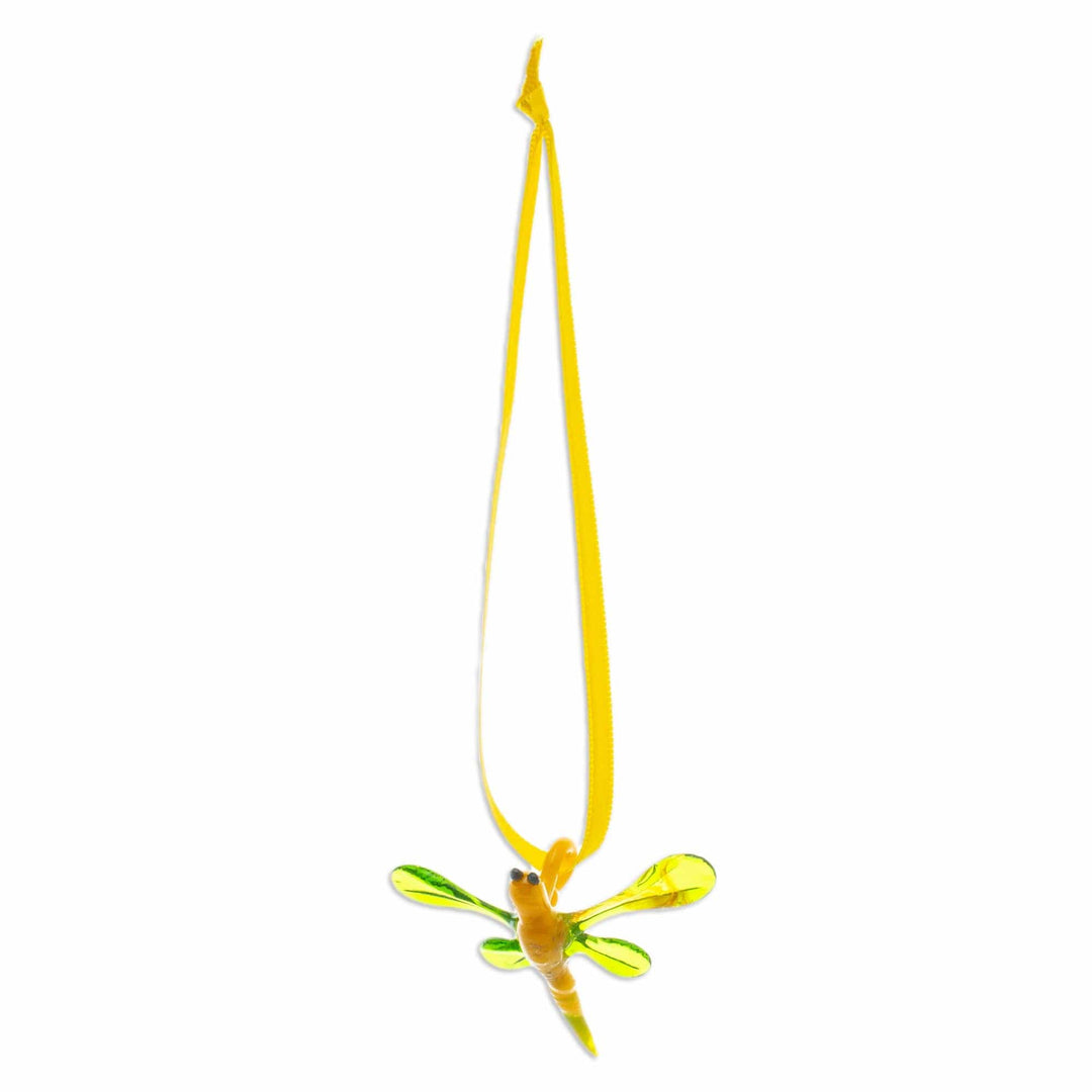 Handblown Recycled Glass Dragonfly Ornament in Yellow - Yellow Transformation