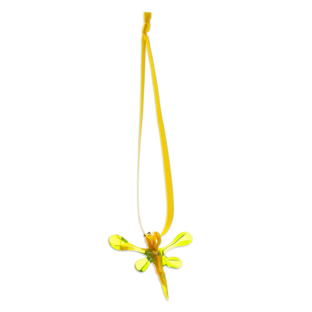 Handblown Recycled Glass Dragonfly Ornament in Yellow - Yellow Transformation