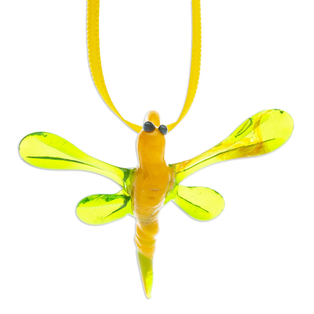 Handblown Recycled Glass Dragonfly Ornament in Yellow - Yellow Transformation