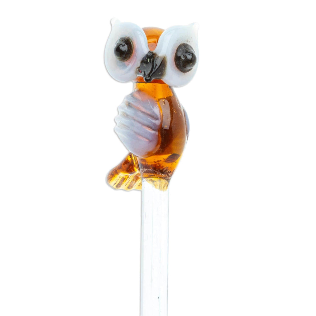 Mexican Recycled Glass Cocktail Stirrer with Brown Owl - Cheeky Brown Owl