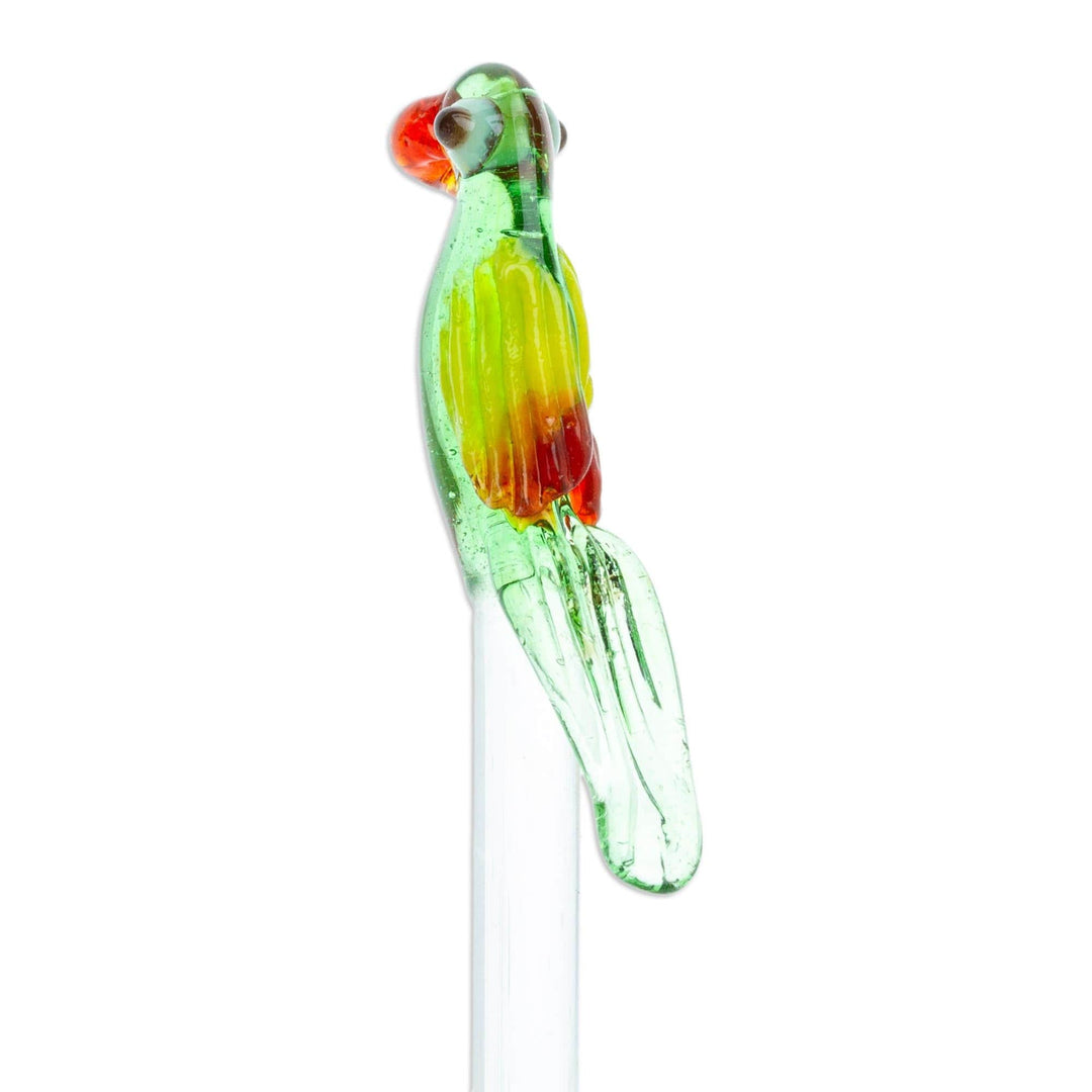 Mexican Recycled Glass Cocktail Stirrer with Colorful Macaw - Charming Macaw