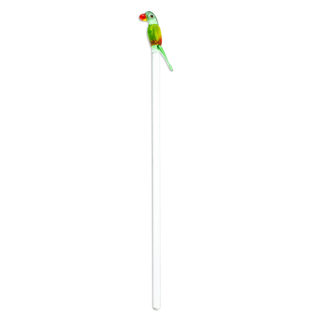 Mexican Recycled Glass Cocktail Stirrer with Colorful Macaw - Charming Macaw