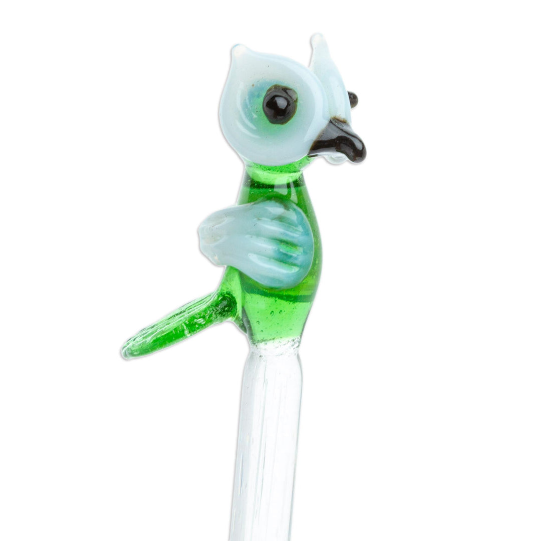 Mexican Recycled Glass Cocktail Stirrer with Green Owl - Cheeky Green Owl