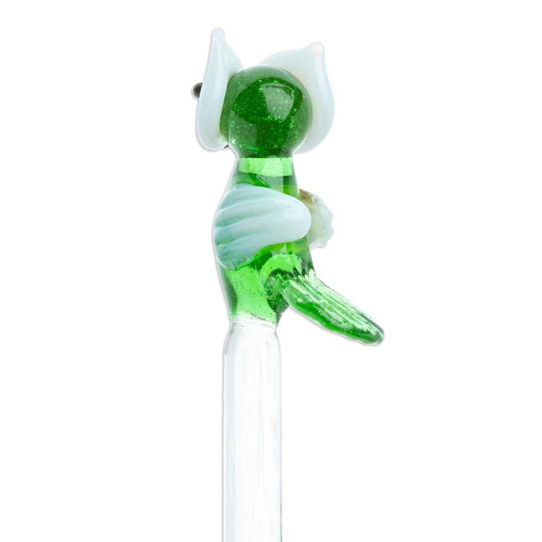Mexican Recycled Glass Cocktail Stirrer with Green Owl - Cheeky Green Owl