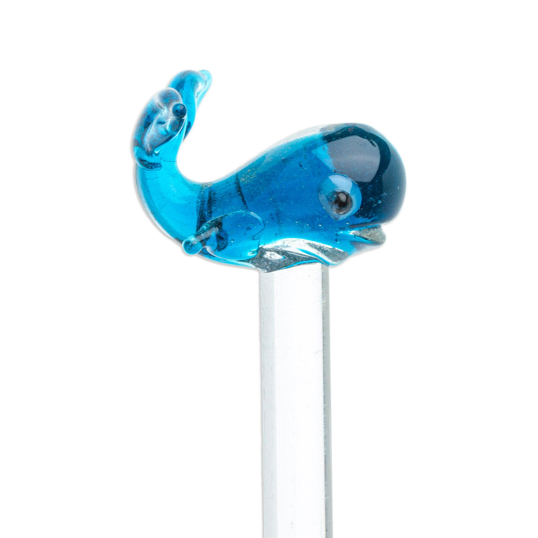 Mexican Recycled Glass Cocktail Stirrer with Blue Whale - Cheerful Blue Whale