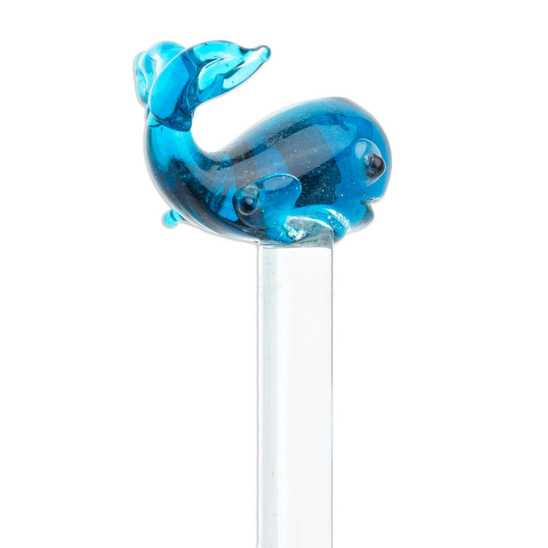 Mexican Recycled Glass Cocktail Stirrer with Blue Whale - Cheerful Blue Whale