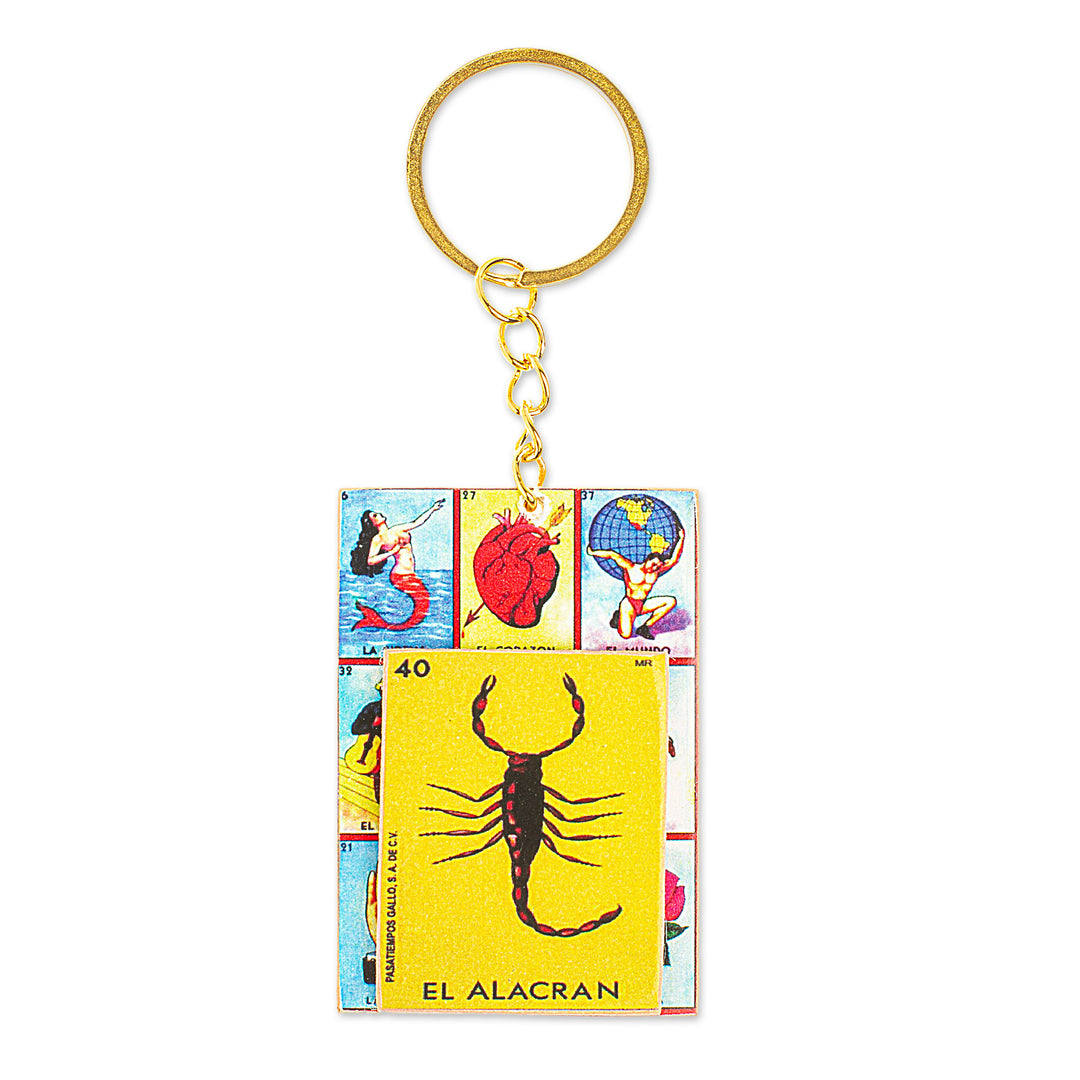 Decoupage Wooden Keychain With Mexican Loteria Game Motif - The Scorpion