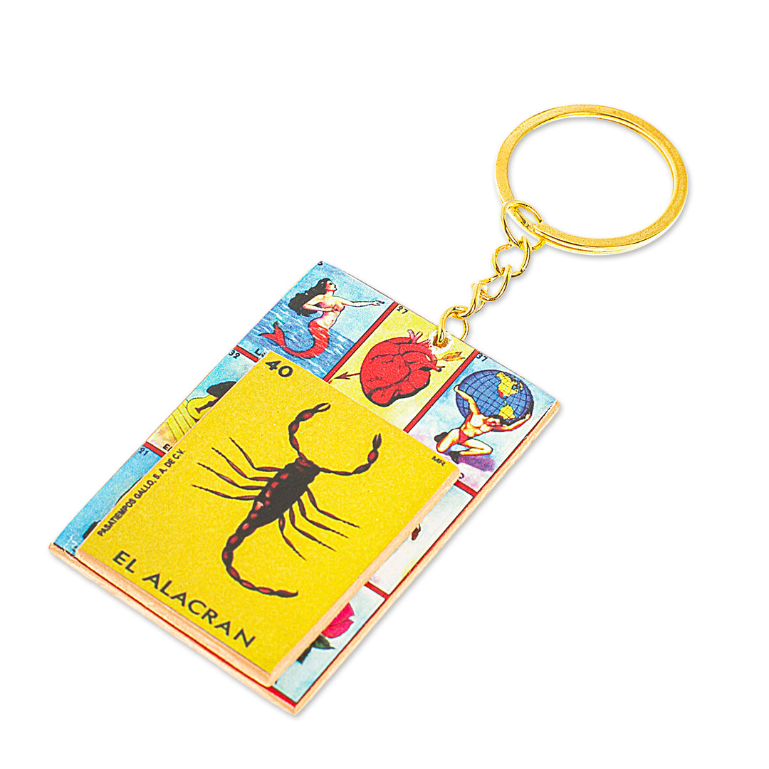 Decoupage Wooden Keychain With Mexican Loteria Game Motif - The Scorpion