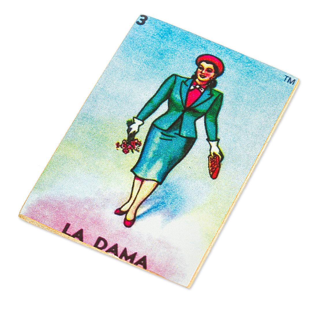 Decoupage Wooden Magnet With Mexican Loteria Card Motif - The Lady