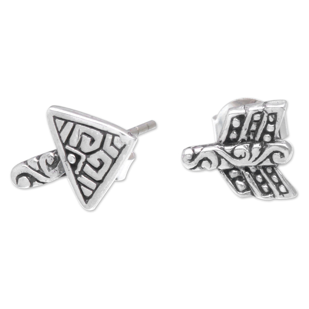 Sterling Silver Stud Earrings with Balinese Motifs - Trouble Arrow