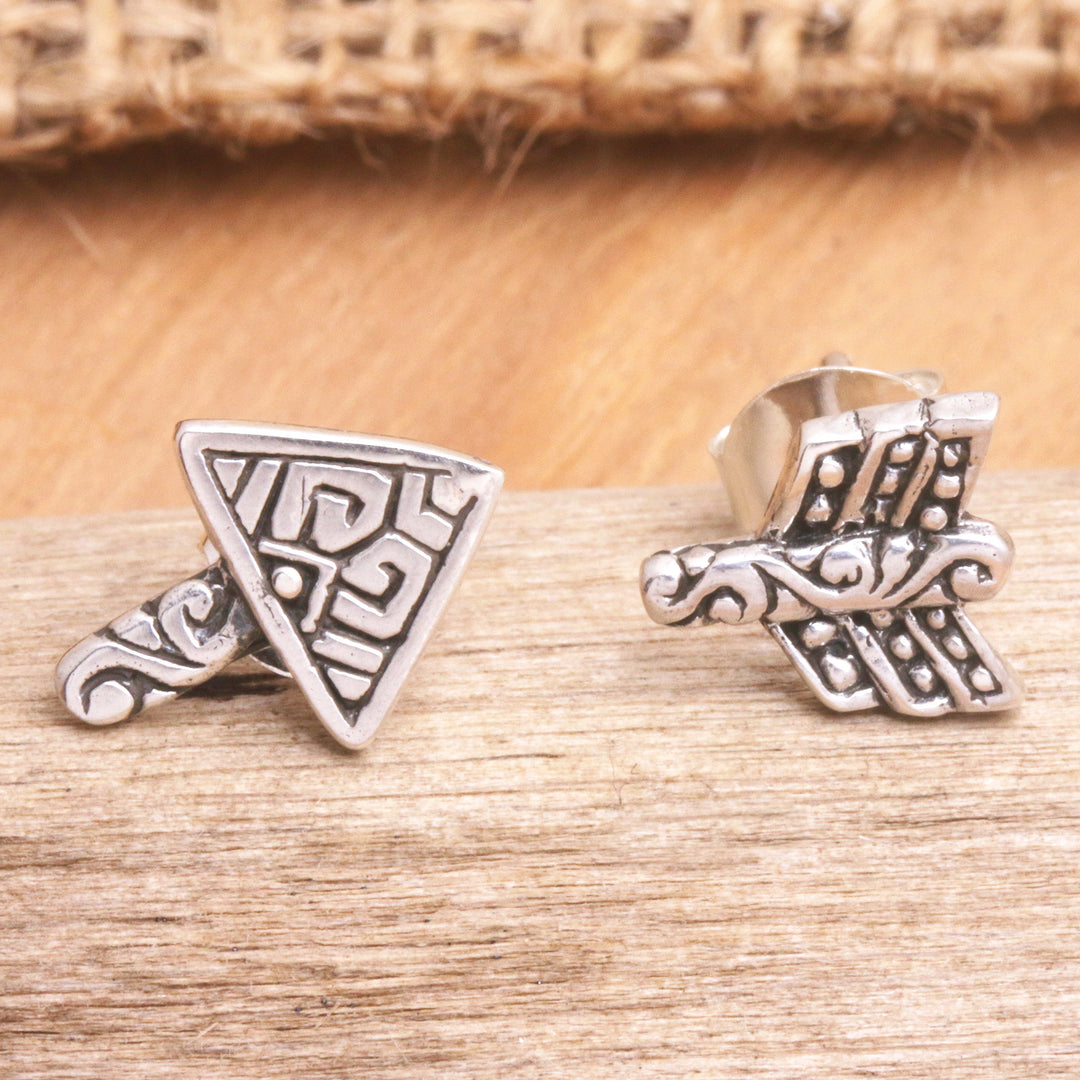 Sterling Silver Stud Earrings with Balinese Motifs - Trouble Arrow