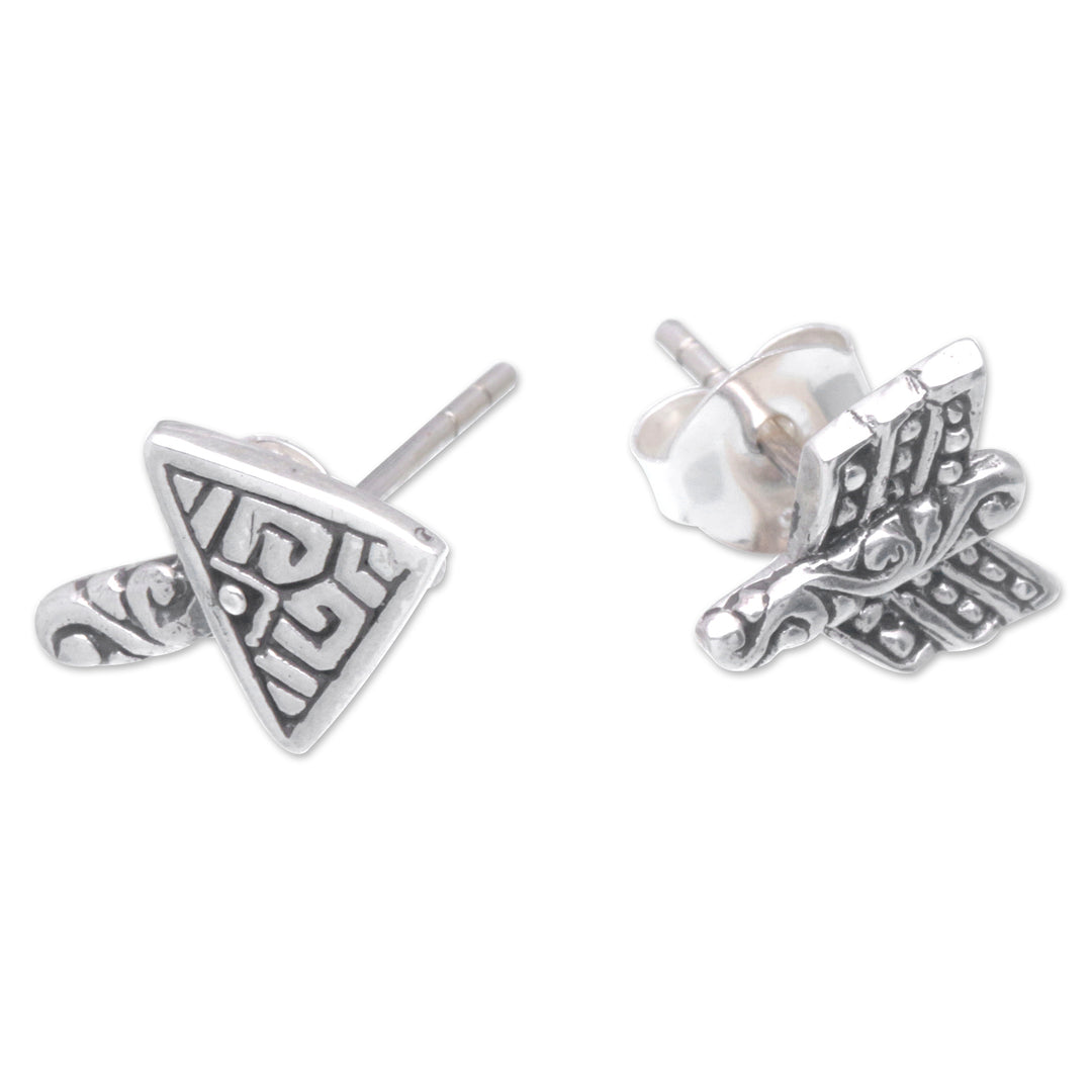 Sterling Silver Stud Earrings with Balinese Motifs - Trouble Arrow