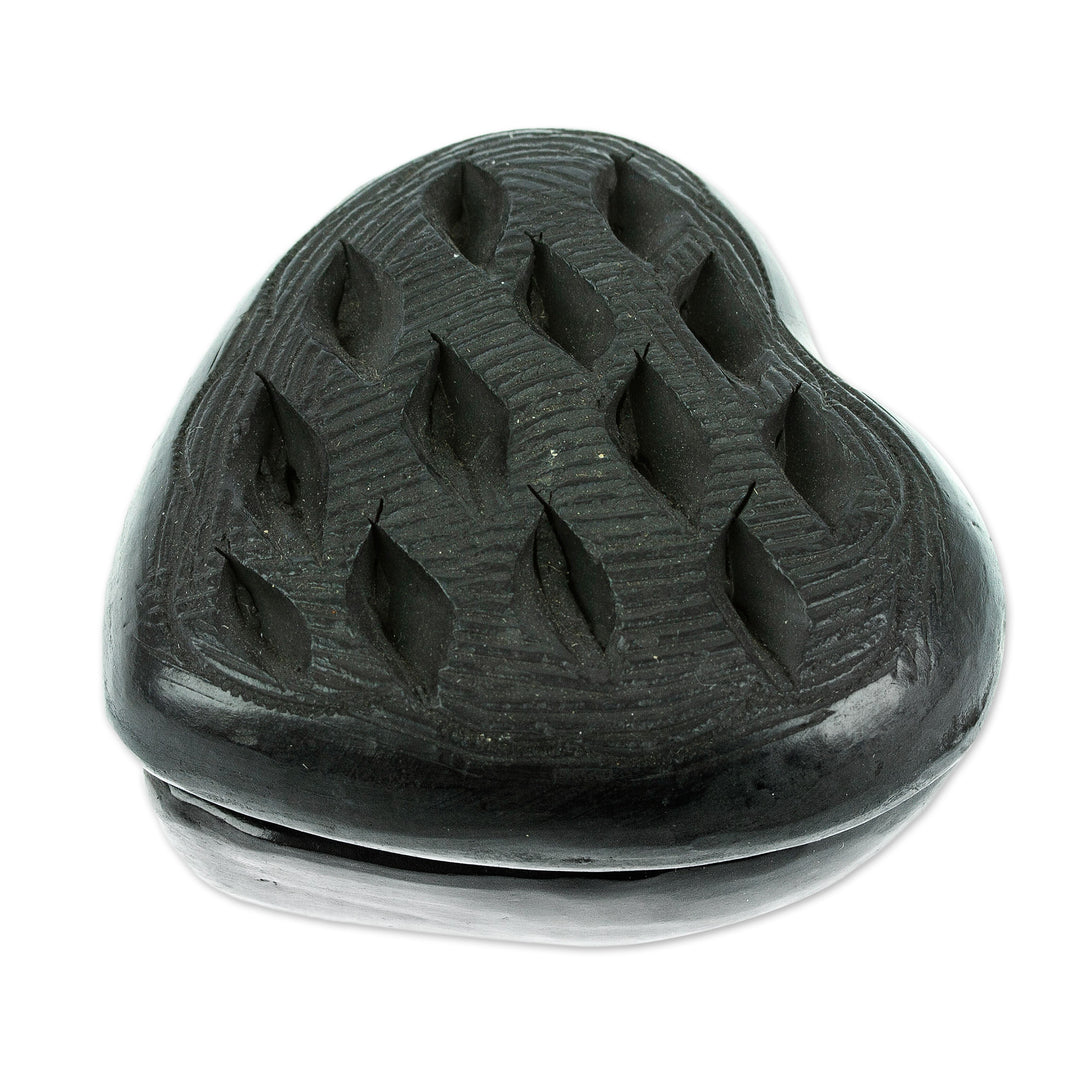 Barro Negro Black Ceramic Mini Jewelry Box Crafted in Mexico - Heart & Flakes