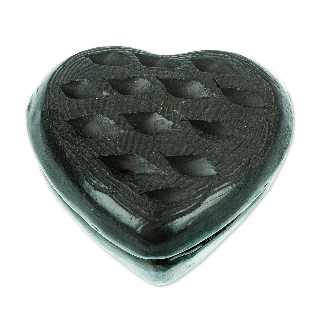 Barro Negro Black Ceramic Mini Jewelry Box Crafted in Mexico - Heart & Flakes