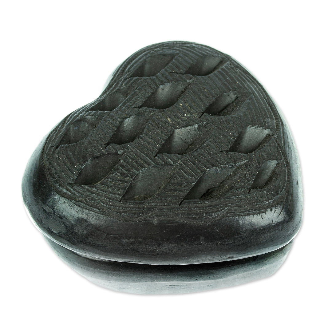 Barro Negro Black Ceramic Mini Jewelry Box Crafted in Mexico - Heart & Flakes