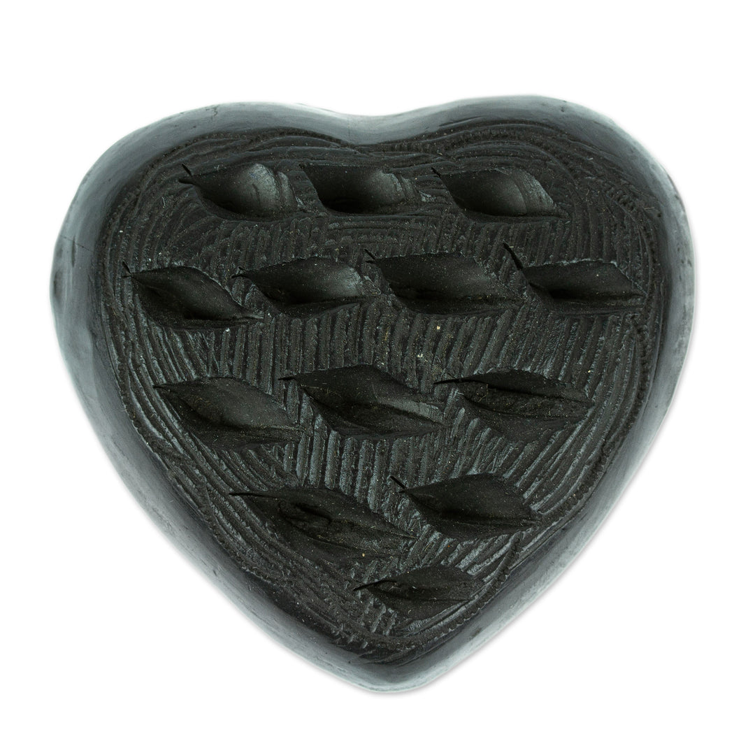 Barro Negro Black Ceramic Mini Jewelry Box Crafted in Mexico - Heart & Flakes