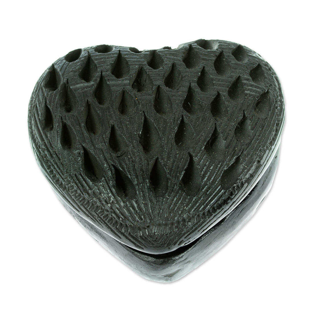 Barro Negro Black Ceramic Mini Jewelry Box Crafted in Mexico - Heart & Drops