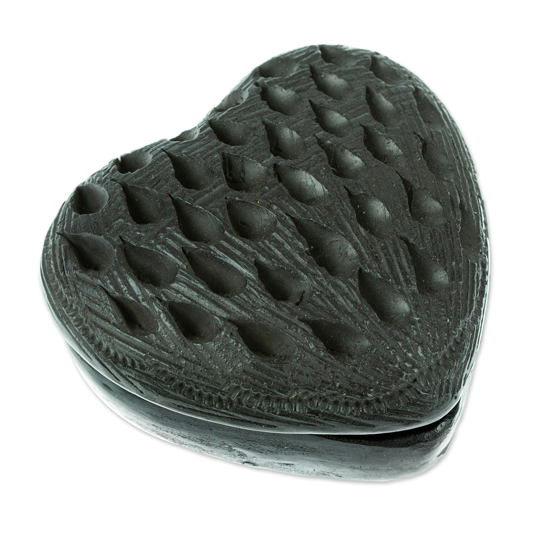 Barro Negro Black Ceramic Mini Jewelry Box Crafted in Mexico - Heart & Drops