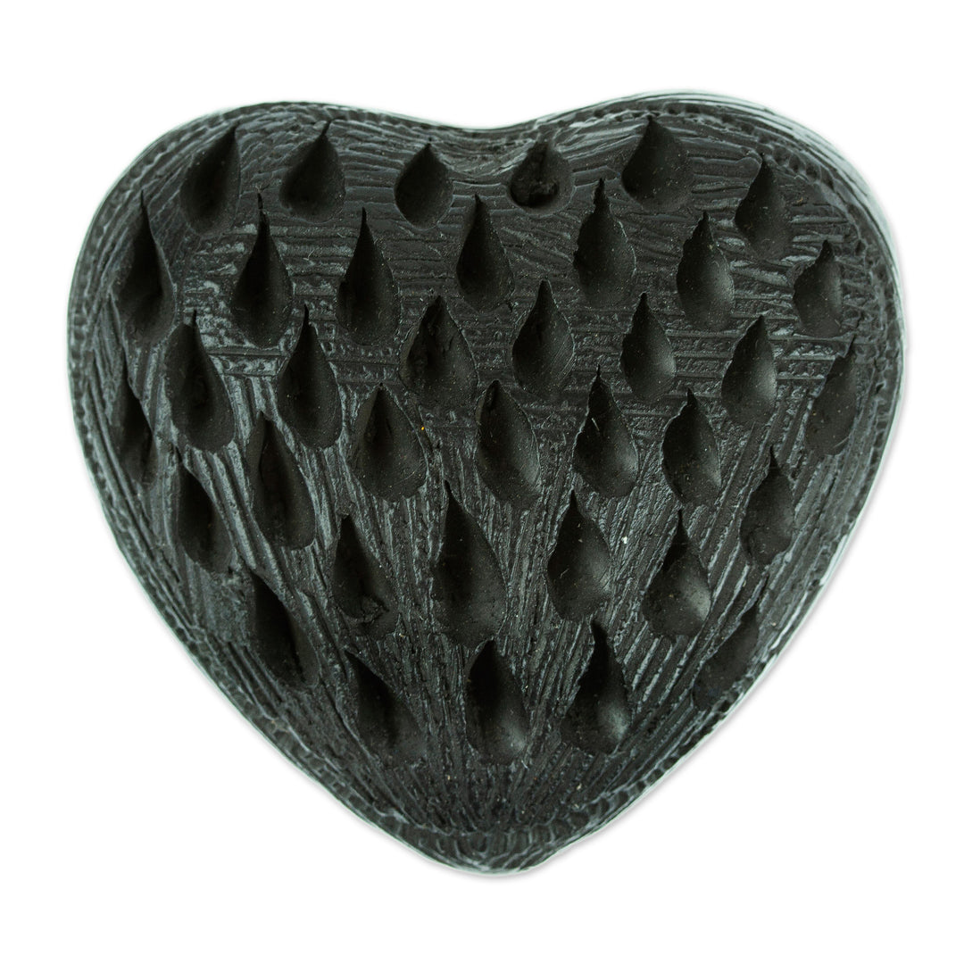 Barro Negro Black Ceramic Mini Jewelry Box Crafted in Mexico - Heart & Drops