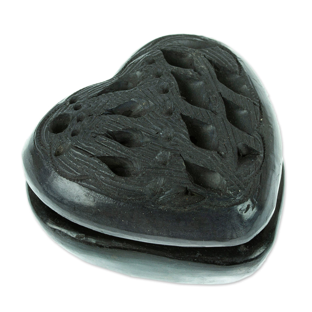 Barro Negro Black Ceramic Mini Jewelry Box Crafted in Mexico - Heart & Diamonds
