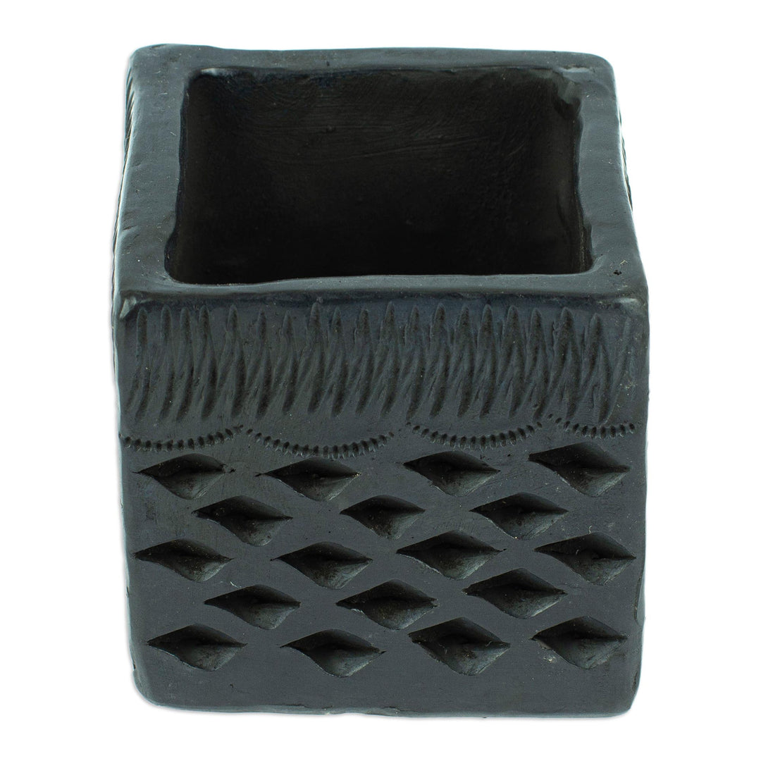 Mexican Handmade Barro Negro Black Ceramic Mini Flower Pot - Square & Diamonds