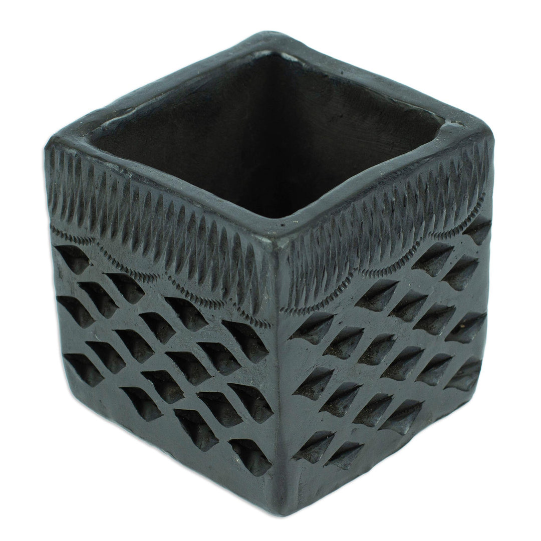 Mexican Handmade Barro Negro Black Ceramic Mini Flower Pot - Square & Diamonds