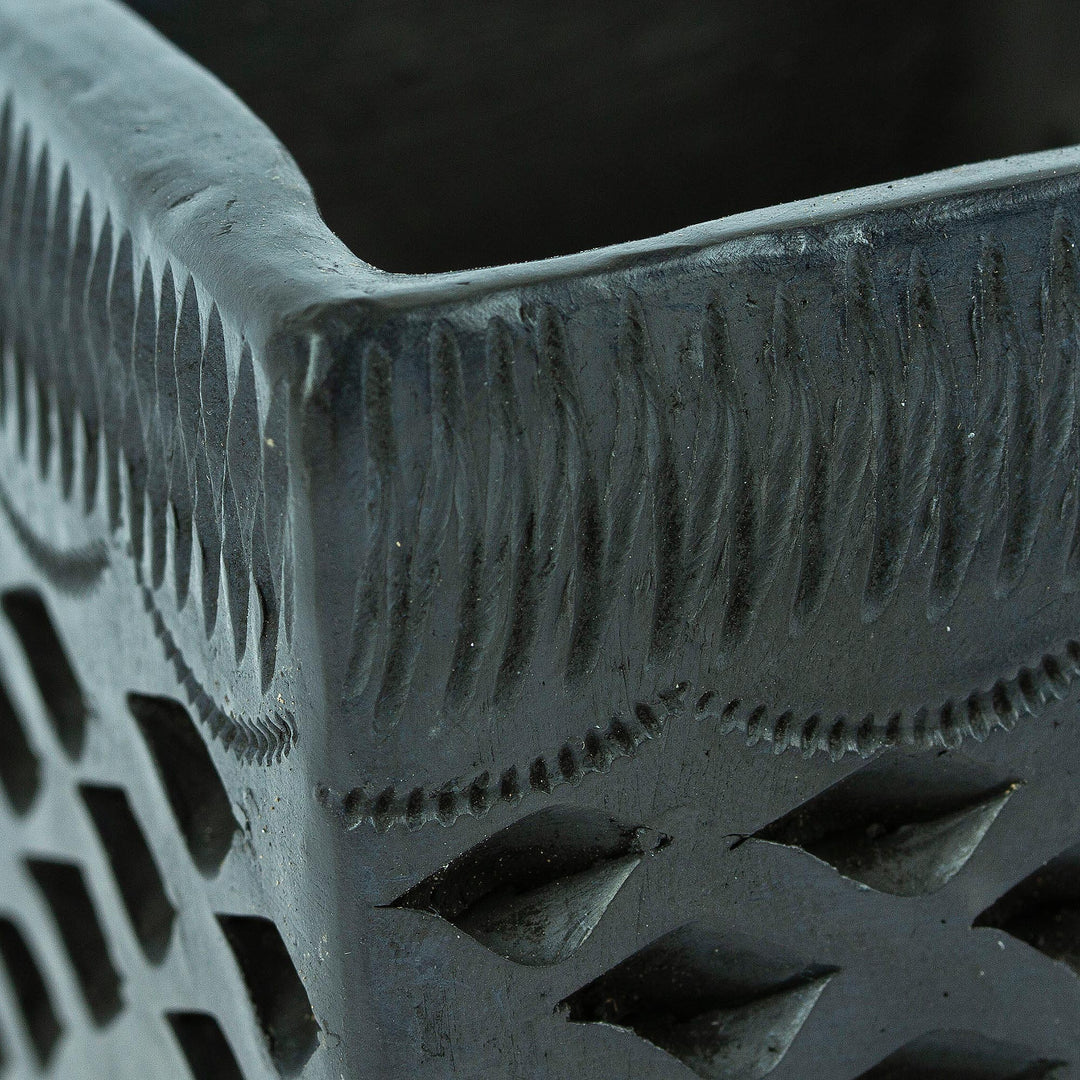 Mexican Handmade Barro Negro Black Ceramic Mini Flower Pot - Square & Diamonds