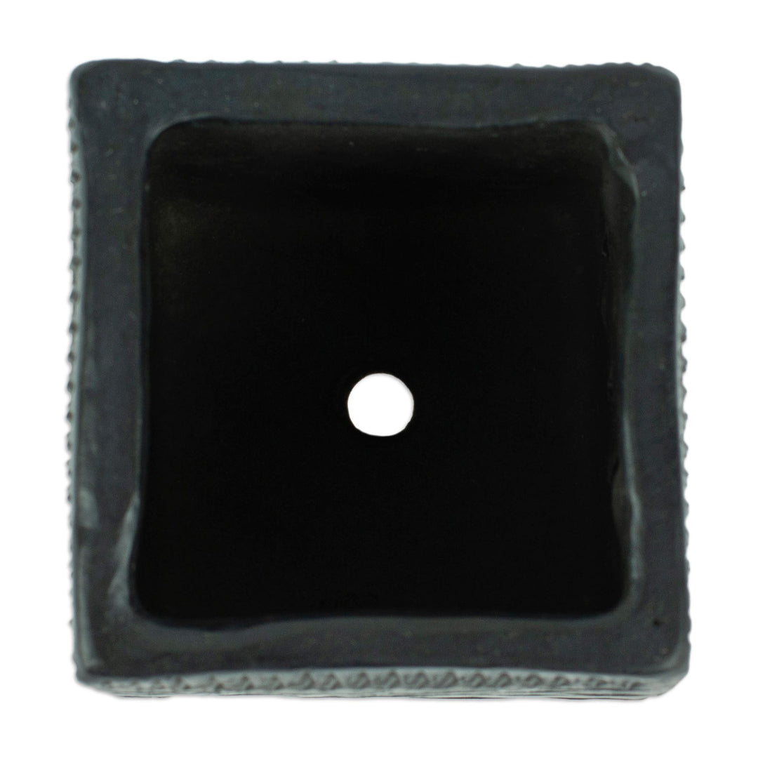 Mexican Handmade Barro Negro Black Ceramic Mini Flower Pot - Square & Diamonds