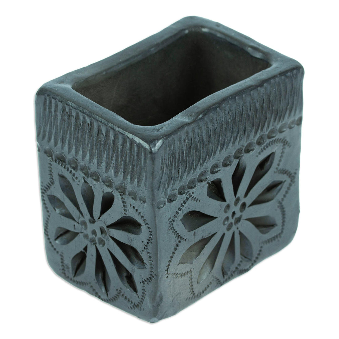 Barro Negro Black Ceramic Mini Flower Pot Handmade in Mexico - Square & Flower