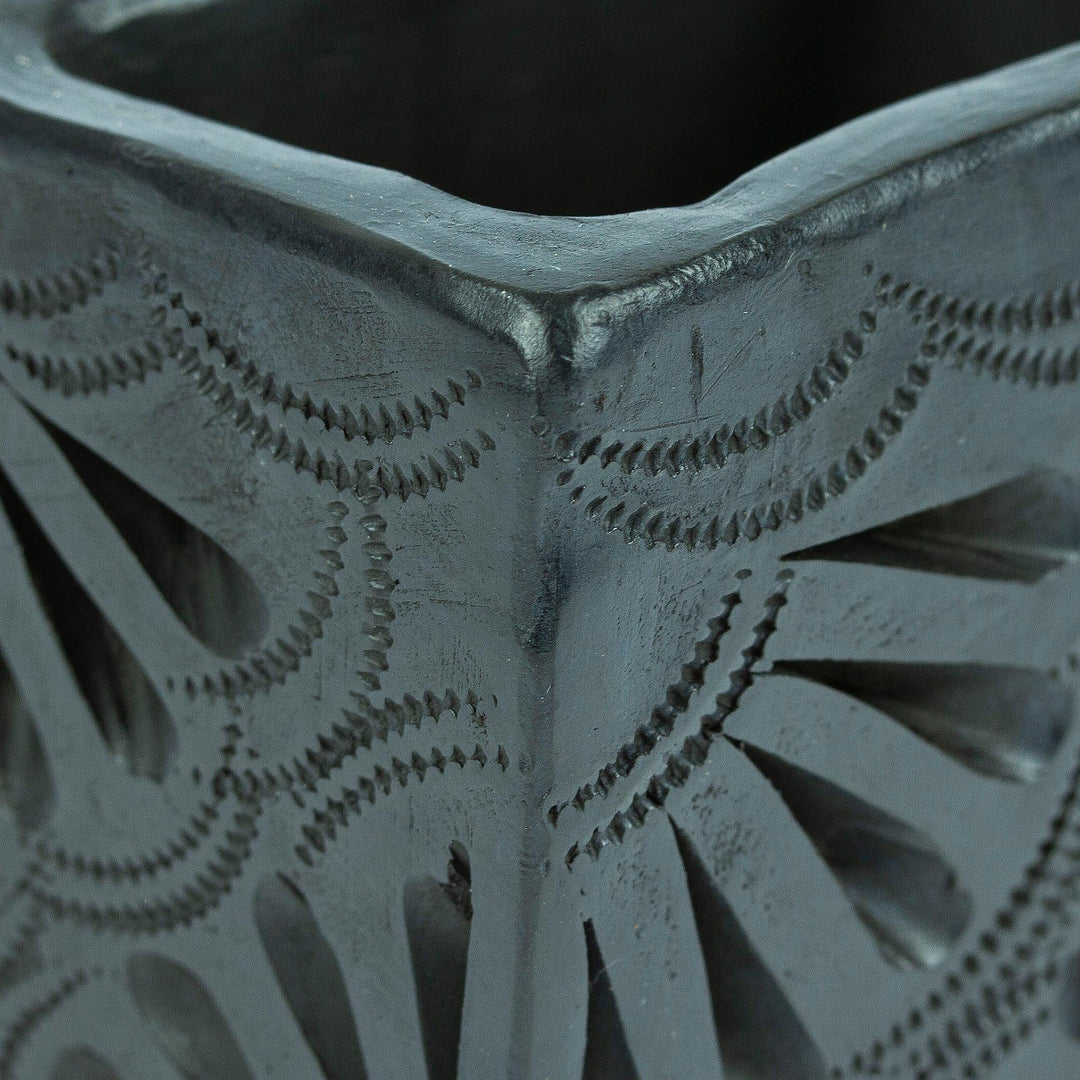 Barro Negro Black Ceramic Mini Flower Pot Handmade in Mexico - Square & Peacock Too