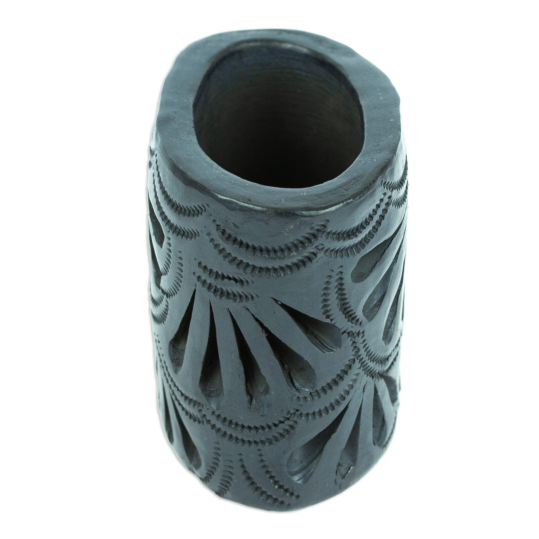 Mexican Handmade Barro Negro Black Ceramic Mini Flower Pot - Oval & Peacock