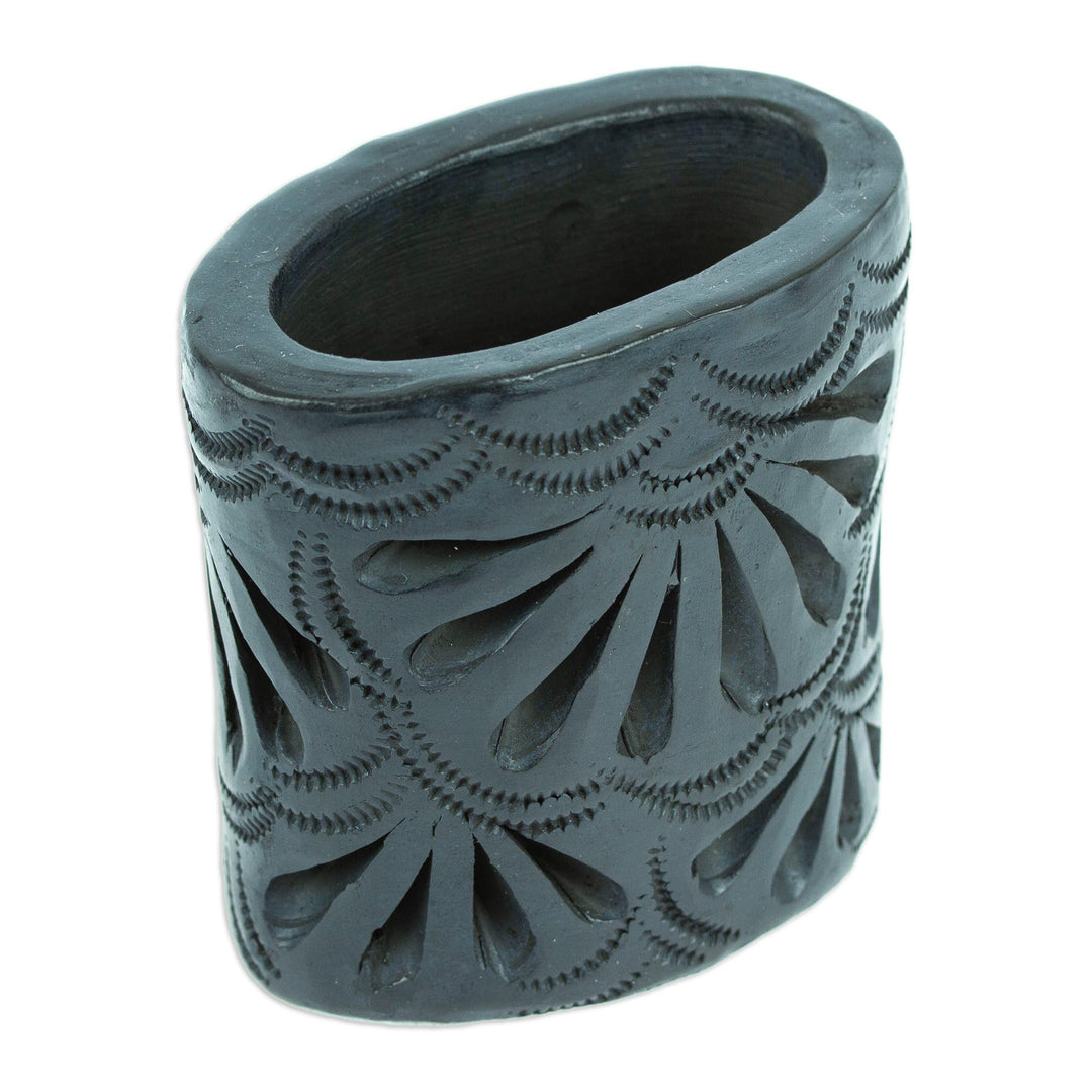 Mexican Handmade Barro Negro Black Ceramic Mini Flower Pot - Oval & Peacock